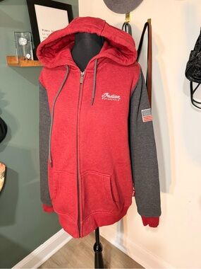 Indian Motorcycle Women’s L Red Gray Full Zip Hoodie Embroidered 1901 USA Flag